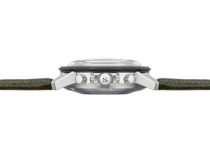 Sinn Spezialuhren 103 St Ty Hd Limited Edition Chronograph Handaufzug Edelstahl 41mm schwarzes Zifferblatt grünes Lederband – Herrenuhren Chronograph aus Edelstahl und Leder. Das Gehäuse ist rund und silber. Das Lederarmband ist grün. Das Zifferblatt ist arabisch Index und schwarz. – Ansicht 4