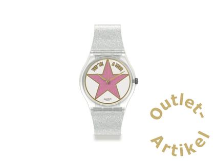 Swatch "Star Mom" Quarz Kunststoff 34mm pinkes Zifferblatt weißes Silikonband – Damenuhren Uhr ohne Datum aus Kunststoff. Das Gehäuse ist rund und transparent. Das Kautschuk / Kunststoff / Silikon Armband ist weiß. Das Zifferblatt ist ein Index in rosa.