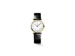 Longines La Grande Classique Quarz Edelstahl Gelbgold-PVD 24mm weißes Zifferblatt schwarzes Lederband – Damenuhren Uhr ohne Datum aus Edelstahl und PVD beschichtet. Das Armband ist ein Lederarmband. Der Zifferblatt ist römisch.