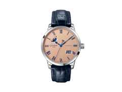 Glashütte Original Senator Excellence Panoramadatum Mondphase Automatik Edelstahl 40mm Frostkupfer Zifferblatt blaues Lederband – Herrenuhren Uhr mit Datum aus Edelstahl und Leder. Das Gehäuse ist rund und silber. Das Lederarmband Kroko / Alligator ist blau. Das Zifferblatt ist römisch und roségold.
