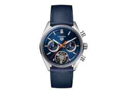 TAG Heuer Carrera Chronograph Tourbillon Automatik Edelstahl 42mm blaues Zifferblatt blaues Lederband – Herrenuhren Chronograph aus Edelstahl und Leder. Das Gehäuse ist rund und silber. Das Lederarmband ist blau. Das Zifferblatt ist ein Index in blau.