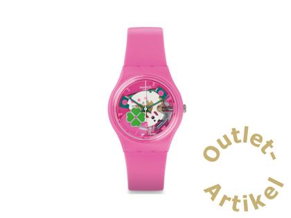 Swatch "Flowerfull" Quarz Kunststoff 34mm pinkes Zifferblatt pinkes Silikonband – Damenuhren Uhr ohne Datum aus Kunststoff. Das Gehäuse ist rund und rosa. Das Kautschuk / Kunststoff / Silikon Armband ist pink. Das Zifferblatt ist ein Index in pink.