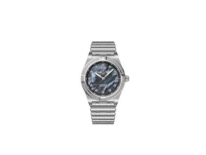 Breitling Chronomat 28 Quarz Edelstahl blaues Perlmutt-Zifferblatt Metallband – Damenuhren Uhr ohne Datum aus 750 Rotgold und Edelstahl. Das Gehäuse ist rund und silber. Das Edelstahlarmband ist silber. Das Zifferblatt ist ein Index in blau.