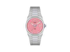 Tissot PRX Quarz Edelstahl 35mm rosafarbenes Zifferblatt Metallband – Damenuhren Uhr mit Datum aus Edelstahl. Das Gehäuse ist rund und silber. Das Edelstahlarmband ist silber. Das Zifferblatt ist ein Index in rosa.