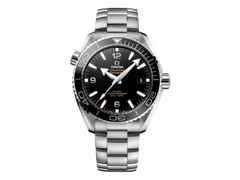 Omega Seamaster Planet Ocean 600M Automatik Edelstahl 43,5mm schwarzes Zifferblatt Metallband – Herrenuhren Uhr mit Datum aus Edelstahl und Keramik. Das Gehäuse ist rund und silber. Das Edelstahlarmband ist silber. Das Zifferblatt ist ein Index in schwarz.
