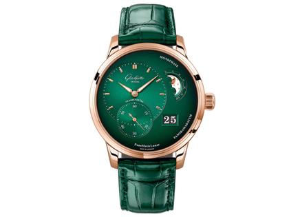 Glashütte Original PanoMaticLunar Automatik Rotgold 40mm grünes Zifferblatt grünes Lederband – Herrenuhren Uhr mit Datum aus 750 Rotgold. Das Gehäuse ist rund und roségold. Das Lederarmband Kroko / Alligator ist grün. Das Zifferblatt ist ein Index in grün. – Ansicht 2