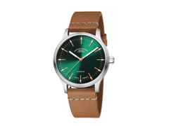 Mühle Glashütte Panova Grün Automatik Edelstahl 40mm braunes Lederband – Herrenuhren Uhr ohne Datum aus Edelstahl und Leder. Das Gehäuse ist rund und silber. Das Lederarmband ist braun. Das Zifferblatt ist ein Index in grün.