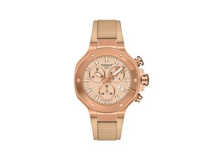 Tissot T-Race Chronograph Quarz Edelstahl Roségold-PVD 38mm roségoldfarbenes Zifferblatt roségoldfarbenes Kautschukband – Herrenuhren Chronograph aus Edelstahl, Kautschuk und PVD beschichtet. Das Gehäuse ist rund und roségold. Das Kautschuk / Kunststoff / Silikon Armband ist roségold. Das Zifferblatt ist ein Index in roségold.