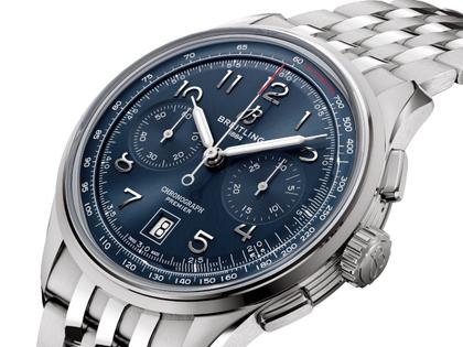 Breitling Premier B01 Chronograph 42 Automatik Edelstahl blaues Zifferblatt Metallband – Herrenuhren Chronograph aus Edelstahl und Leder. Das Gehäuse ist rund und silber. Das Edelstahlarmband ist silber. Das Zifferblatt ist arabisch und blau. – Ansicht 3