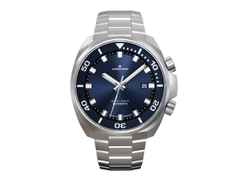 Junghans Aquaris Blue Automatik Edelstahl 47mm blaues Zifferblatt Metallband und blaues Kautschukband – Herrenuhren Uhr mit Datum aus Edelstahl und Kautschuk. Das Gehäuse ist rund und silber. Das Edelstahlarmband ist silber. Das Zifferblatt ist ein Index in blau.