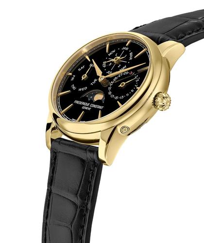Frederique Constant Classic Perpetual Calendar Manufacture Automatik Gelbgold 40mm schwarzes Onyx Zifferblatt Lederband – Herrenuhren Uhr mit Kalender aus 750 Rotgold. Das Gehäuse ist rund und gelbgold. Das Lederarmband Kroko / Alligator ist schwarz. Das Zifferblatt ist ein Index in schwarz. – Ansicht 2