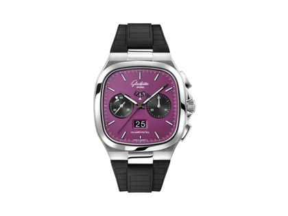 Glashütte Original Seventies Chronograph Panoramadatum Plasma Limited Edition Automatik Edelstahl 40mm violettes Zifferblatt schwarzes Kautschukband – Herrenuhren Chronograph aus 585 Weißgold und Edelstahl. Das Gehäuse ist quadratisch und silber. Das Kautschuk / Kunststoff / Silikon Armband ist schwarz. Das Zifferblatt ist ein Index in lila.