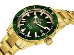 Rado Captain Cook Automatik Edelstahl gelbgold beschichtet grün Edelstahlband gelbgold beschichtet – Herrenuhren Uhr mit Datum aus Edelstahl und PVD beschichtet. Das Gehäuse ist rund und gelbgold. Das Edelstahlarmband ist gelbgold. Das Zifferblatt ist ein Index in grün. – Ansicht 2
