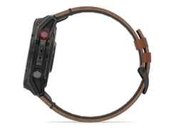Garmin fenix 8 Pro 51mm AMOLED faserverstärktes Polymer und Titan DLC-Carbongrau digitales Zifferblatt braunes Lederband – Herrenuhren Uhr Multifunktion aus DLC beschichtet, Kunststoff und Titan. Das Gehäuse ist rund und grau. Das Lederarmband ist braun. Das Zifferblatt ist digital und schwarz. – Ansicht 4