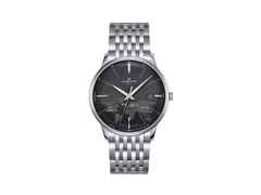Junghans Meister Mega Funkuhr Edelstahl 38mm anthrazitfarbenes Zifferblatt Metallband – Herrenuhren Uhr mit Datum aus Edelstahl. Das Gehäuse ist rund und silber. Das Edelstahlarmband ist silber. Das Zifferblatt ist ein Index in grau.