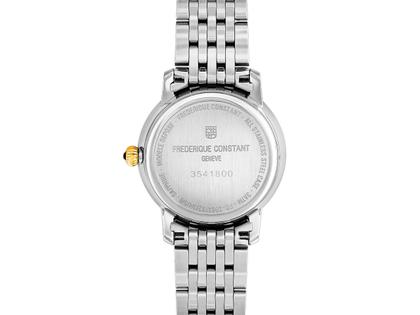 Frederique Constant Slimline Ladies Moonphase Quarz Edelstahl 30mm Perlmutt-Zifferblatt Metallband – Damenuhren Uhr ohne Datum aus Edelstahl und PVD beschichtet. Das Gehäuse ist rund und silber-gelbgold. Das Edelstahlarmband ist silber-gelbgold. Das Zifferblatt ist ein Index in weiß. – Ansicht 2