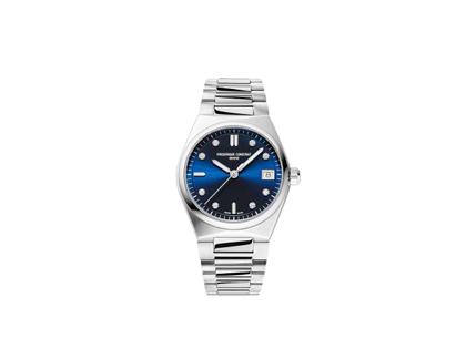 Frederique Constant Highlife Ladies Quarz Edelstahl 31mm blaues Zifferblatt Metallband und weißes Kautschukband – Damenuhren Uhr mit Datum aus Edelstahl und Kautschuk. Das Gehäuse ist rund und silber. Das Edelstahlarmband ist silber. Das Zifferblatt ist ein Index in blau.