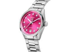 TAG Heuer Carrera Date Automatik Edelstahl 36mm pinkes Zifferblatt mit Brillanten Metallband – Damenuhren Uhr mit Datum aus Edelstahl. Das Gehäuse ist rund und silber. Das Edelstahlarmband ist silber. Das Zifferblatt ist ein Index in rosa. – Ansicht 2