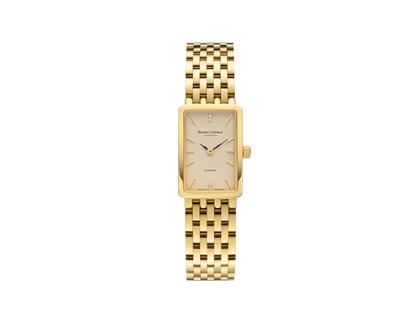 Bruno Söhnle Glashütte La Traviata Quarz Edelstahl Gelbgold-PVD 30x20mm weißes Zifferblatt Metallband – Damenuhren Uhr ohne Datum aus Edelstahl und PVD beschichtet. Das Gehäuse ist rechteckig und gelbgold. Das Edelstahlarmband ist gelbgold. Das Zifferblatt ist ein Index in beige.