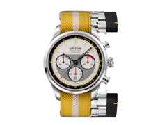 Union Glashütte Belisar Chronograph Silvretta Classic 2026 Limitierte Edition Automatik Edelstahl 44mm beiges Zifferblatt gelbes Textilband schwarzes Lederband und Metallband – Herrenuhren Chronograph aus Edelstahl und Leder. Das Gehäuse ist rund und silber. Das Textilarmband ist gelb. Das Zifferblatt ist ein Index in beige.