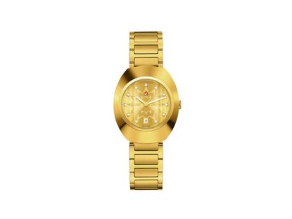Damenuhren Uhr mit Datum aus Edelstahl, Keramik und PVD beschichtet. Das Gehäuse ist oval und gelbgold. Das Edelstahlarmband ist gelbgold. Das Zifferblatt ist ein Index in gelbgold.