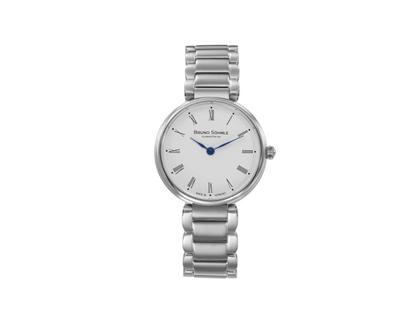 Bruno Söhnle Glashütte Salerno II Quarz Edelstahl 32,5mm weißes Zifferblatt Metallband – Damenuhren Uhr ohne Datum aus Edelstahl. Das Gehäuse ist rund und silber. Das Edelstahlarmband ist silber. Das Zifferblatt ist römisch und weiß.