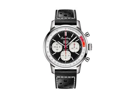 Breitling Top Time B01 Deus Automatik Edelstahl 41mm schwarzes Zifferblatt schwarzes Lederband – Herrenuhren Chronograph aus Edelstahl. Das Gehäuse ist rund und silber. Das Lederarmband ist schwarz. Das Zifferblatt ist ein Index in schwarz.