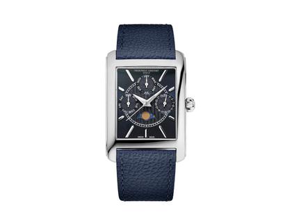 Frederique Constant Classics Carree Calendar Moonphase Quarz Edelstahl 42x30mm blaues Zifferblatt blaues Lederband – Herrenuhren Uhr mit Datum aus Edelstahl. Das Gehäuse ist rechteckig und silber. Das Lederarmband ist blau. Das Zifferblatt ist ein Index in blau.
