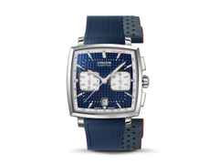 Union Glashütte Averin Chronograph Automatik Edelstahl 41mm blaues Zifferblatt blaues Kautschukband blaues Lederband – Herrenuhren Chronograph aus Edelstahl, Kautschuk und Leder. Das Gehäuse ist quadratisch und silber. Das Lederarmband ist grau. Das Zifferblatt ist ein Index in blau. – Ansicht 3