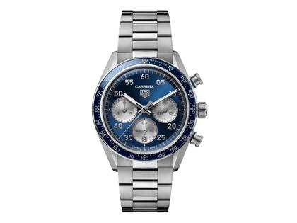 TAG Heuer Carrera Chronograph Sport Automatik Edelstahl 42mm blaues Zifferblatt Metallband – Herrenuhren Chronograph aus Edelstahl und Keramik. Das Gehäuse ist rund und silber. Das Edelstahlarmband ist silber. Das Zifferblatt ist arabisch Index und blau.
