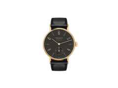 Nomos Glashütte Tangente Gold Neomatik Ruthenium Automatik Gelbgold 35mm schwarzes Zifferblatt schwarzes Lederband – Damenuhren Uhr ohne Datum aus 750 Gelbgold und Leder. Das Gehäuse ist rund und gelbgold. Das Lederarmband ist schwarz. Das Zifferblatt ist arabisch Index und schwarz.