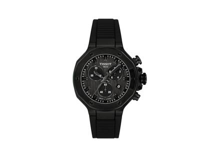 Tissot T-Race Chronograph Quarz Edelstahl Schwarz-PVD 38mm schwarzes Zifferblatt schwarzes Kautschukband – Herrenuhren Chronograph aus Edelstahl, Kautschuk und PVD beschichtet. Das Gehäuse ist rund und schwarz. Das Kautschuk / Kunststoff / Silikon Armband ist schwarz. Das Zifferblatt ist ein Index in schwarz.