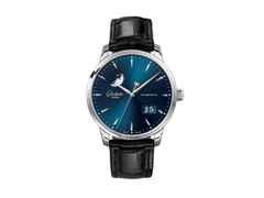 Glashütte Original Senator Excellence Panoramadatum Mondphase Automatik Edelstahl 42mm blaues Zifferblatt schwarzes Lederband – Herrenuhren Uhr mit Datum aus Edelstahl. Das Gehäuse ist rund und silber. Das Lederarmband Kroko / Alligator ist schwarz. Das Zifferblatt ist ein Index in blau.