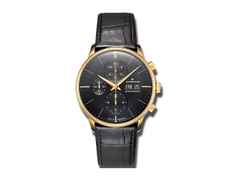 Junghans Meister Chronoscope Automatik Gelbgold 40mm schwarzes Zifferblatt schwarzes Lederband – Herrenuhren Chronograph aus 750 Gelbgold. Das Gehäuse ist rund und gelbgold. Das Lederarmband ist schwarz. Das Zifferblatt ist ein Index in schwarz.