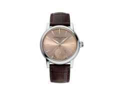 Frederique Constant Classic Date Manufacture Automatik Edelstahl 40mm beiges Zifferblatt schwarzes Lederband – Herrenuhren Uhr mit Datum aus Edelstahl und Leder. Das Gehäuse ist rund und silber. Das Lederarmband Kroko / Alligator ist schwarz. Das Zifferblatt ist ein Index in beige.