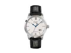 Glashütte Original Senator Excellence Panoramadatum Automatik Edelstahl 40mm weißes Zifferblatt schwarzes Lederband – Herrenuhren Uhr mit Datum aus Edelstahl. Das Gehäuse ist rund und silber. Das Lederarmband Kroko / Alligator ist schwarz. Das Zifferblatt ist römisch Index und silber.
