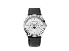 Frederique Constant Classics Index Business Timer Quarz Edelstahl 40mm silbernes Zifferblatt Lederband – Herrenuhren Uhr mit Datum aus Edelstahl und Leder. Das Gehäuse ist rund und silber. Das Lederarmband ist schwarz. Das Zifferblatt ist ein Index in silber.