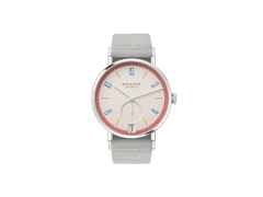 Nomos Glashütte Tangente 38 Datum "175 Years Watchmaking - Love" Handaufzug Edelstahl cremeweißes Zifferblatt graues Textilband Glasboden – Herrenuhren Uhr mit Datum aus Edelstahl. Das Gehäuse ist rund und silber. Das Textilarmband ist grau. Das Zifferblatt ist arabisch Index und beige.