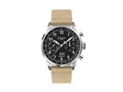 Glashütte Original Senator Chronograph Navigator Automatik Edelstahl 41mm schwarzes Zifferblatt beiges Textilband – Herrenuhren Chronograph aus Edelstahl. Das Gehäuse ist rund und silber. Das Textilarmband ist beige. Das Zifferblatt ist arabisch und schwarz.