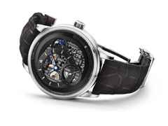 Glashütte Original PanoMaticCalendar Automatik Platin 42mm skelettiertes Zifferblatt schwarzes Lederband limitiert – Herrenuhren Uhr mit Kalender aus 950 Platin. Das Gehäuse ist rund und silber. Das Lederarmband Kroko / Alligator ist schwarz. Das Zifferblatt ist ein Index in schwarz. – Ansicht 2