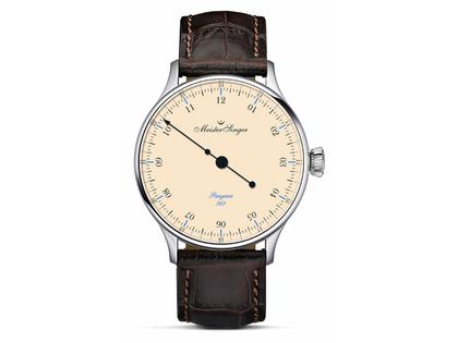MeisterSinger Pangaea 365 Limited Edition Automatik Edelstahl 40mm elfenbeinfarbenes Zifferblatt Lederband – Herrenuhren Uhr ohne Datum aus Edelstahl und Leder. Das Gehäuse ist rund und silber. Das Lederarmband ist braun. Das Zifferblatt ist arabisch Index und beige.