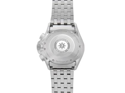 Junghans Meister S Chronoscope Automatik Edelstahl 45mm graues Zifferblatt Metallband – Herrenuhren Chronograph aus Edelstahl. Das Gehäuse ist rund und silber. Das Edelstahlarmband ist silber. Das Zifferblatt ist ein Index in grau. – Ansicht 3