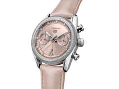 TAG Heuer Carrera Chronograph Automatik Edelstahl 39mm rosa Zifferblatt mit Diamanten rosa Lederband – Damenuhren Chronograph aus Edelstahl. Das Gehäuse ist rund und silber. Das Lederarmband Kroko / Alligator ist rosa. Das Zifferblatt ist ein Index in rosa. – Ansicht 2