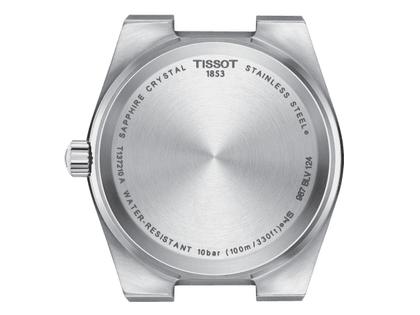 Tissot PRX Quarz Edelstahl 35mm blaues Zifferblatt Metallband – Damenuhren Uhr mit Datum aus Edelstahl. Das Gehäuse ist rund und silber. Das Edelstahlarmband ist silber. Das Zifferblatt ist ein Index in blau. – Ansicht 3