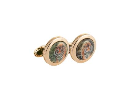 Meissen Manschettenknöpfe "Tiger" Silber vergoldet und Meissener Porzellan 22mm – Herrenschmuck Manschettenknöpfe in gelbgold und aus 925 Silber vergoldet und Porzellan.