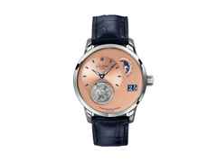 Glashütte Original PanoLunarTourbillon Automatik Platin 40mm Eisenerz Zifferblatt blaues Lederband – Herrenuhren Uhr mit Datum aus 950 Platin. Das Gehäuse ist rund und silber. Das Lederarmband Kroko / Alligator ist blau. Das Zifferblatt ist ein Index in roségold.