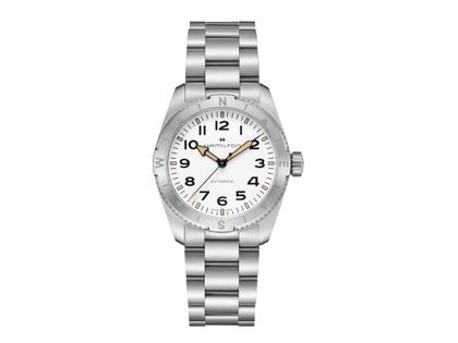 Hamilton Khaki Field Expedition Automatik Edelstahl 37mm weißes Zifferblatt Metallband – Herrenuhren Uhr ohne Datum aus Edelstahl. Das Gehäuse ist rund und silber. Das Edelstahlarmband ist silber. Das Zifferblatt ist ein Index in weiß.