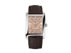 Frederique Constant Classics Carree Automatik Edelstahl 42mm roséfarbenes Zifferblatt braunes Lederband – Herrenuhren Uhr mit Datum aus Edelstahl und Leder. Das Gehäuse ist rechteckig und silber. Das Lederarmband ist braun. Das Zifferblatt ist ein Index in roségold.