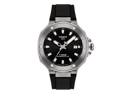 Tissot T-Race Powermatic 80 Automatik Edelstahl 41mm schwarzes Zifferblatt schwarzes Silikonband – Herrenuhren Uhr mit Datum aus Edelstahl. Das Gehäuse ist rund und silber. Das Kautschuk / Kunststoff / Silikon Armband ist schwarz. Das Zifferblatt ist ein Index in schwarz.