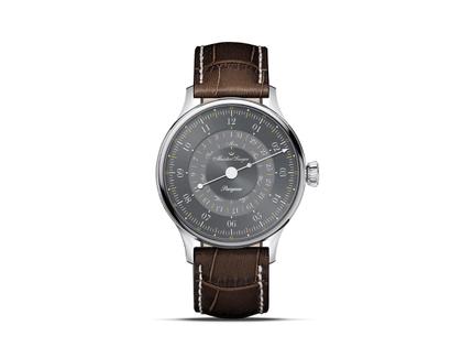 MeisterSinger Pangaea Day Date 365 Automatik Edelstahl 40mm graues Zifferblatt braunes Lederband – Herrenuhren Uhr mit Datum aus Edelstahl und Leder. Das Gehäuse ist rund und silber. Das Lederarmband ist braun. Das Zifferblatt ist arabisch Index und grau.